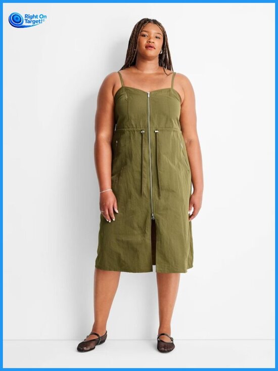 Future Collective Dresses & Skirts - 1X - Womens Nylon Zip-Front Midi Dress - Future Collective - Olive Green